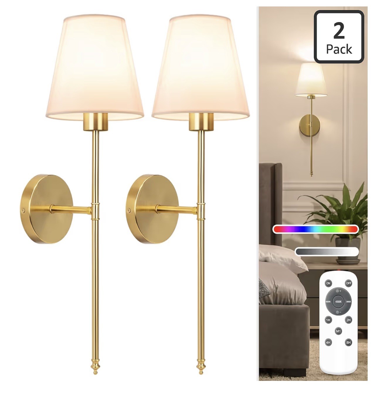 NIORSUN Battery Wall Sconces Set of 2, 24" Gold LED Rechargeable with Remote