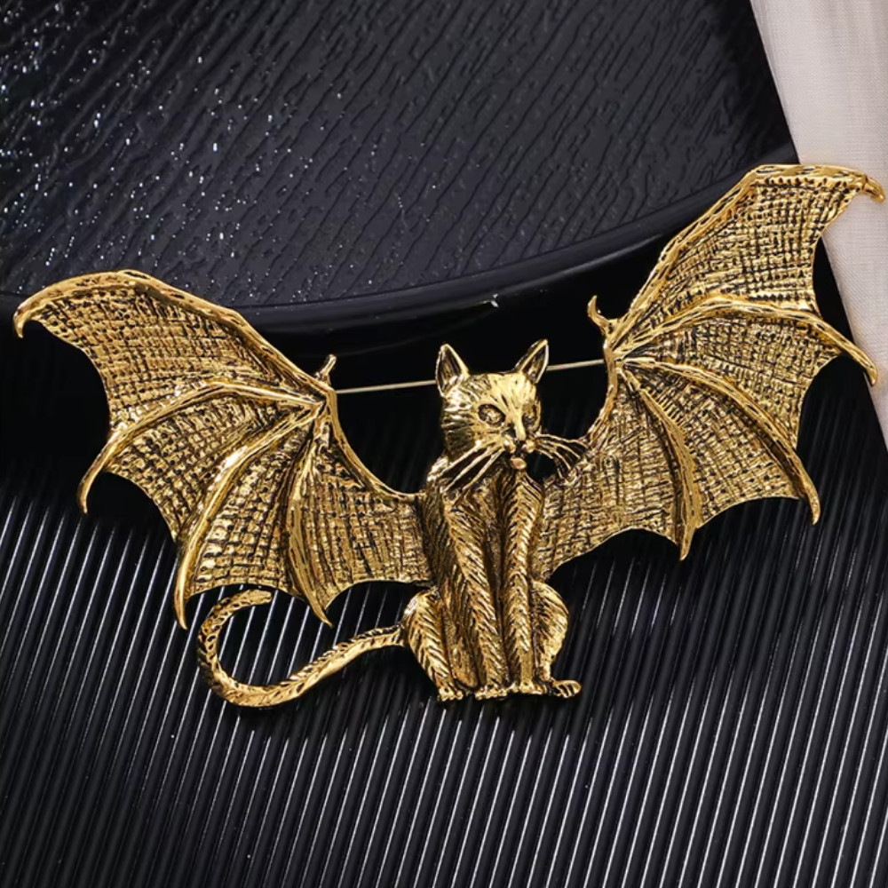 LARGE Halloween Retro Winged Cat Brooch Gold Bat Pin Gothic Costume Jewelry Gift