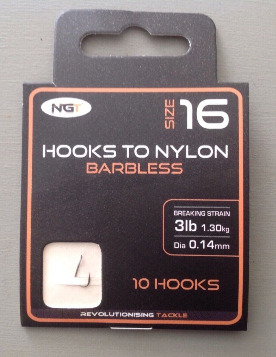 NGT 20 BARBLESS HOOKS TO NYLON SIZE 16 BRAND NEW (2 Packs)