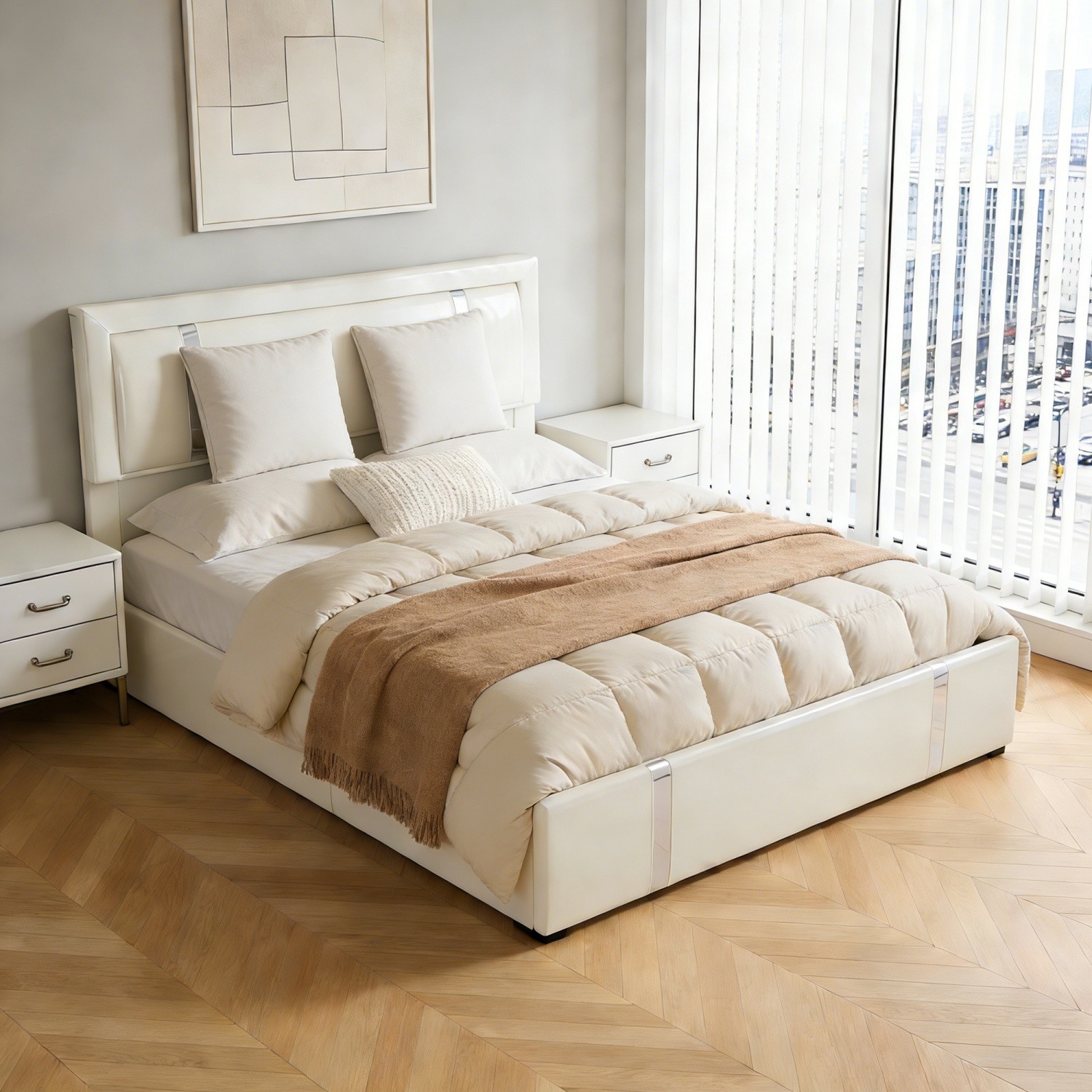Queen PU LED Bed Frame w/ Adjustable Upholstered Headboard & Metal Slats Support