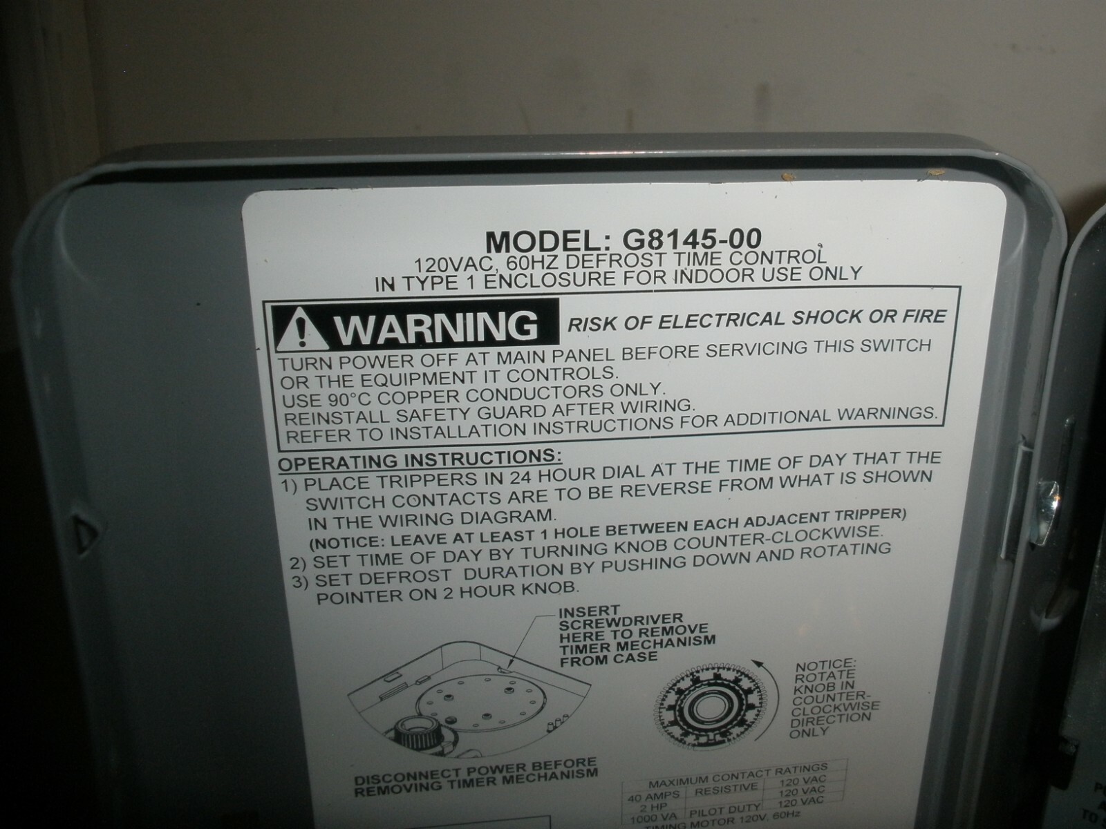INTERMATIC G8000 SERIES MECHANICAL DEFROST TIMER