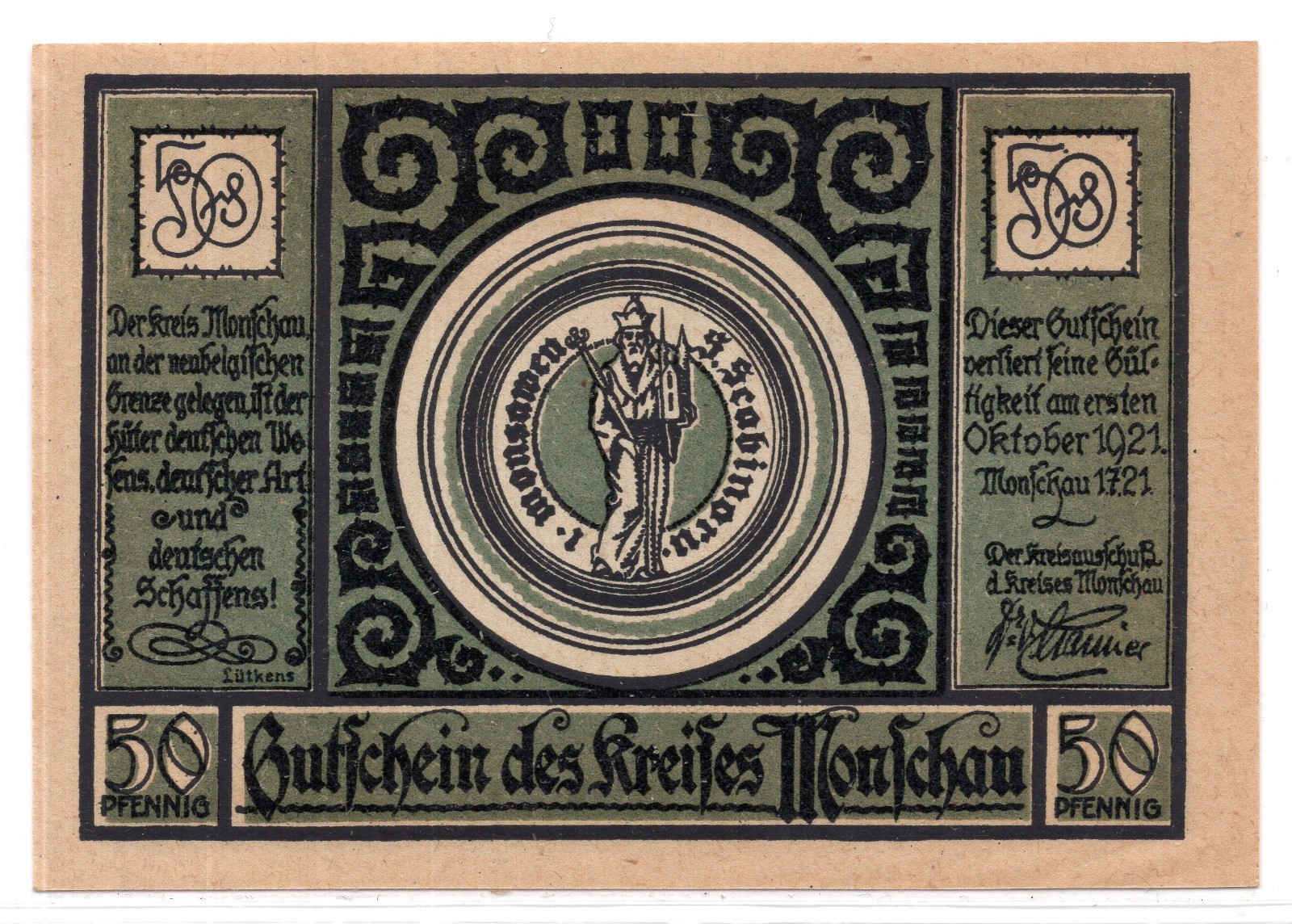 1921 Germany Monschau Notgeld 50 Pfennig Note (3904)