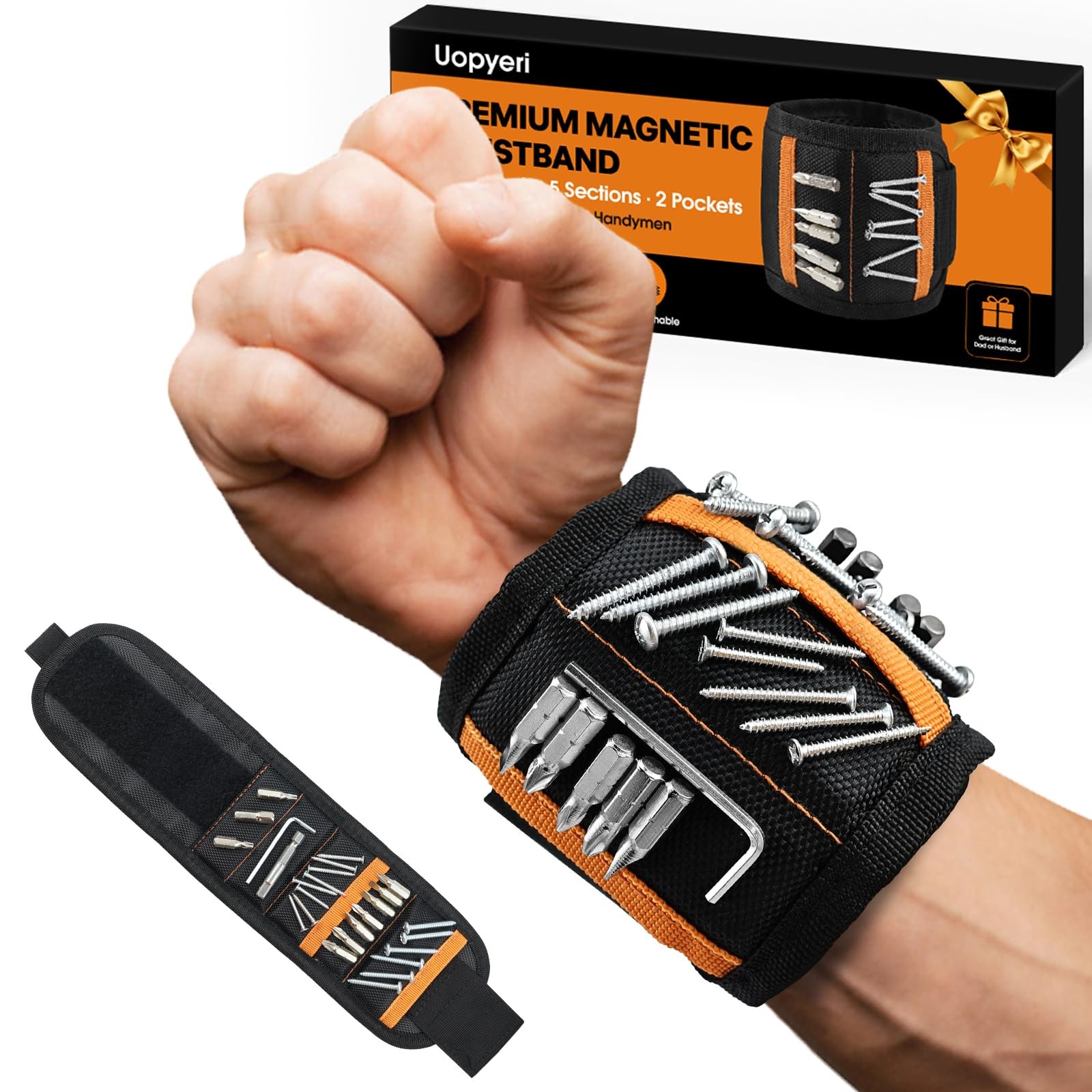 Magnetic Wristband for Tools, 15 Powerful One Size Fits Most, Black-orange