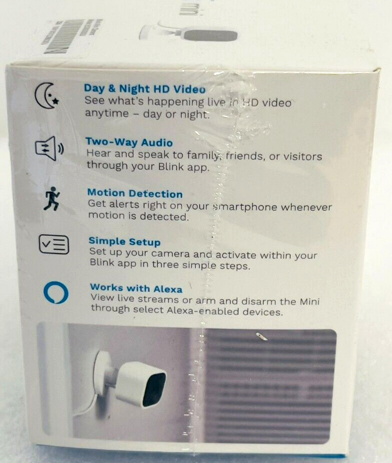 Blink Mini Compact indoor plug-in smart security camera 1080p HD, New