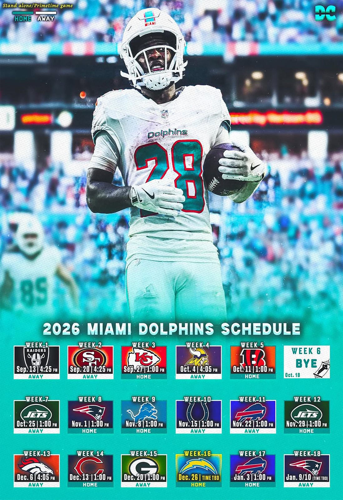 Miami Dolphins 2026 Schedule Poster Multiple Sizes Miami Dolphins Football