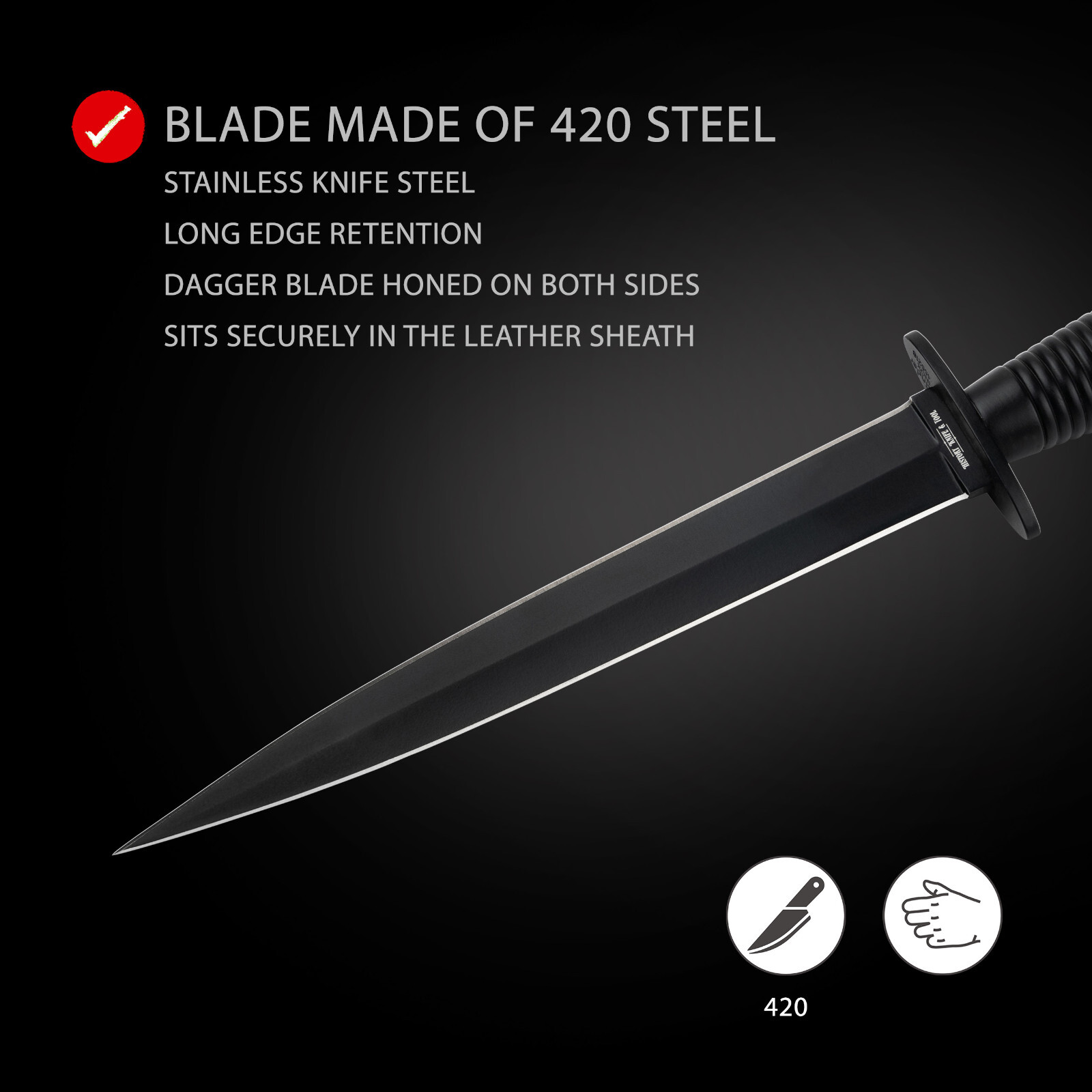 History Knife & Tool Commando Dagger Fixed Knife 7.09" Blade 420 Black ✔️02HY002