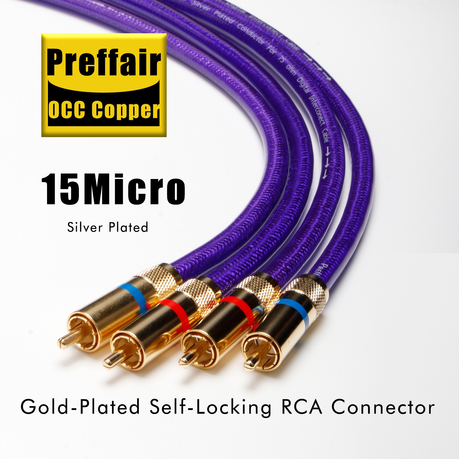 Pair OCC Copper Silver Plated Analog Interconnect Cable 24K Gold Plated RCA Plug