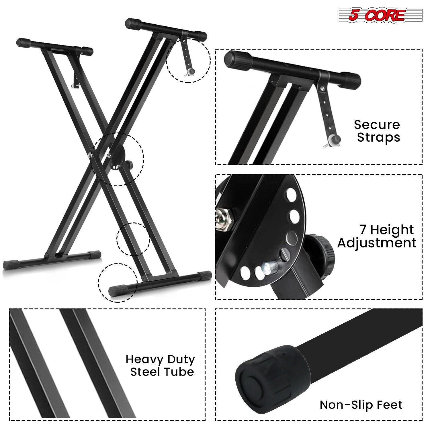 5Core Keyboard Stand Double X Style Adjustable Lift Piano Riser For 49 - 88 Keys