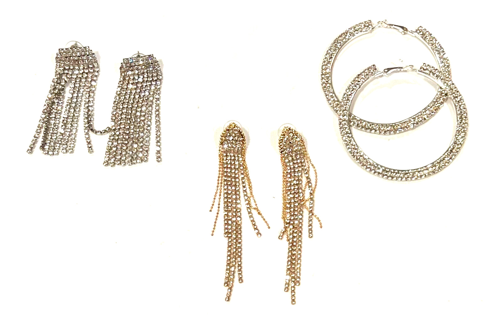 Vintage Silver Tone Rhinestone Dangling & Hoop Pierced Earrings Set of 3