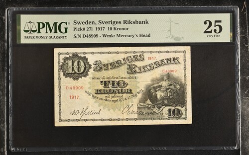1917 SWEDEN, SVERIGES RIKSBANK 10 KRONOR PICK# 271 - MINOR INK PMG VF 25