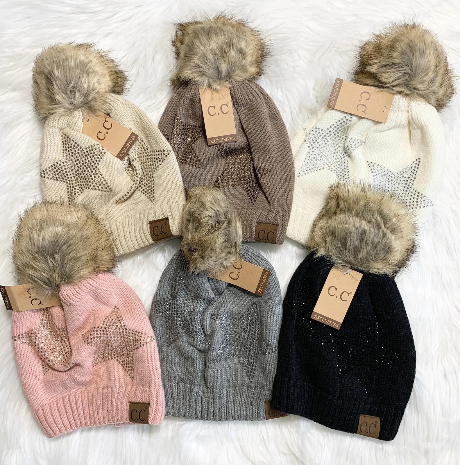 C.C Sparkly Star Pom Beanies Adults, Winter Hats, Premium Hats, Warm Cozy Hats