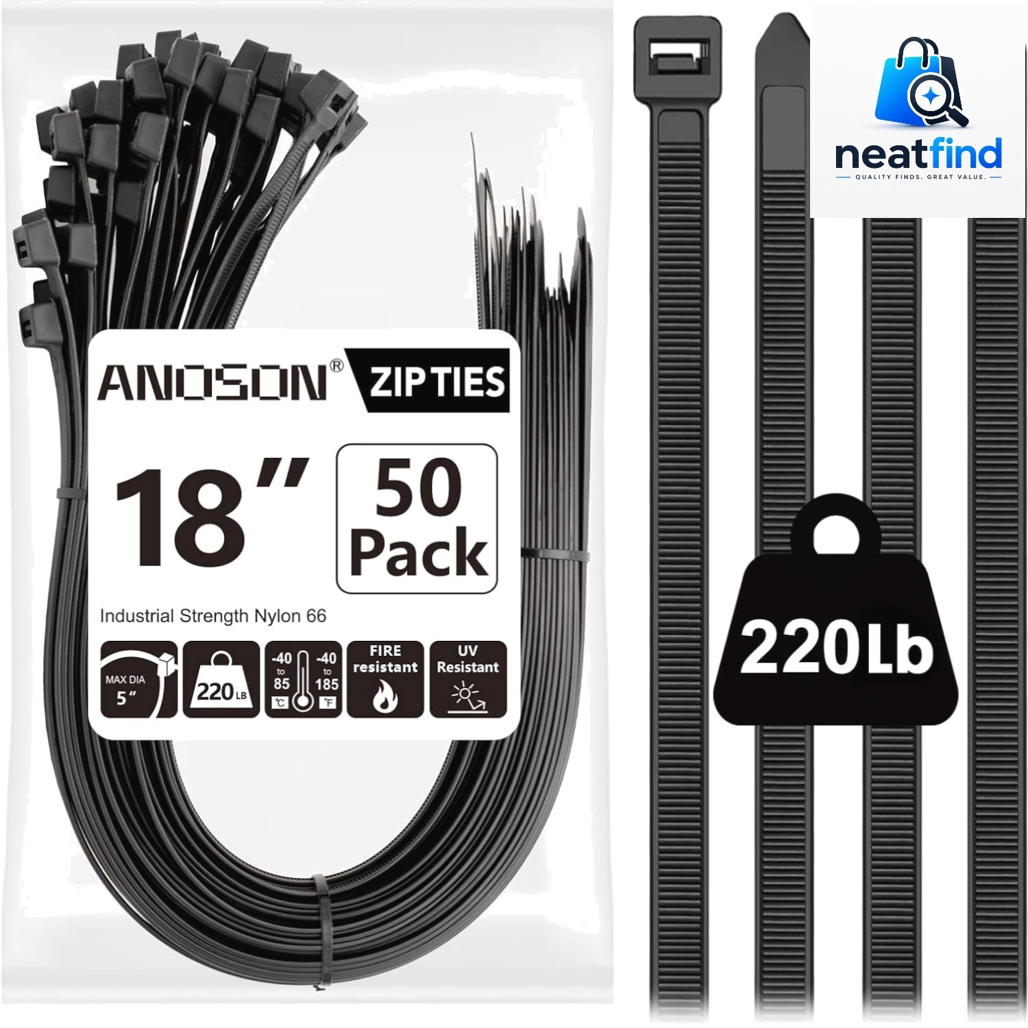 Large Zip Ties 18 inch, 50 Pack, Long Zip Ties Heavy Duty with 220 lb Tensile...