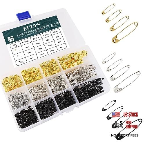 PCS Safety Pins Silver Black Gold, 4 Sizes Safety Pins Assorted for Clothes 540