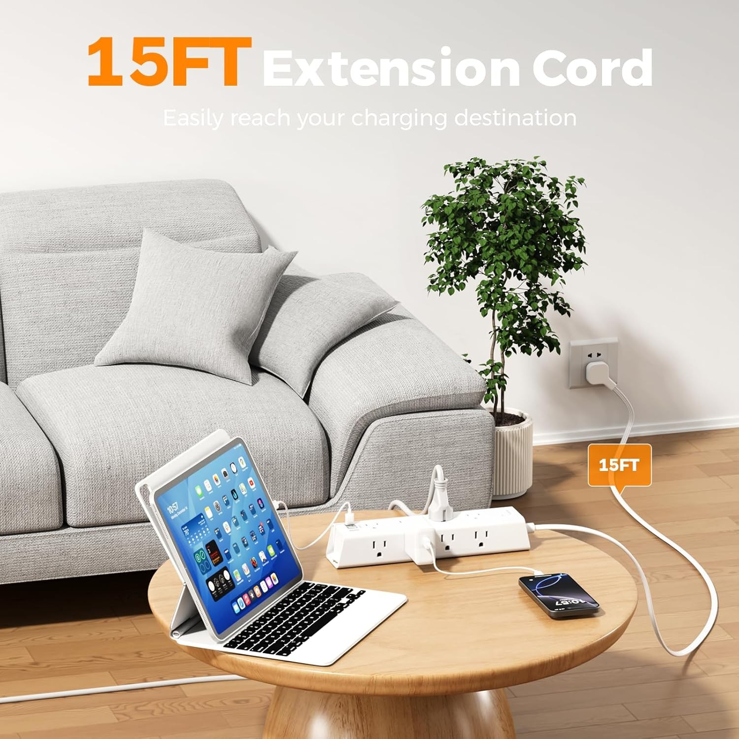 15Ft Extension Cord with Multiple Outlets, Addtam Flat Plug Power Strip Surge Pr