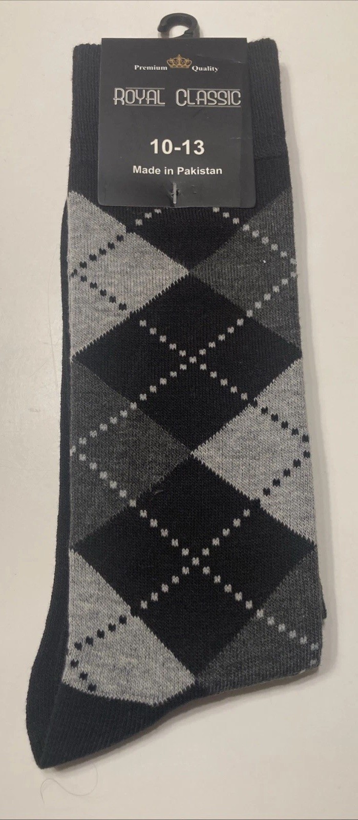 Royal Classic Men’s Dress Socks Gray Black Argyle 85% Cotton Shoe Size 10 - 13