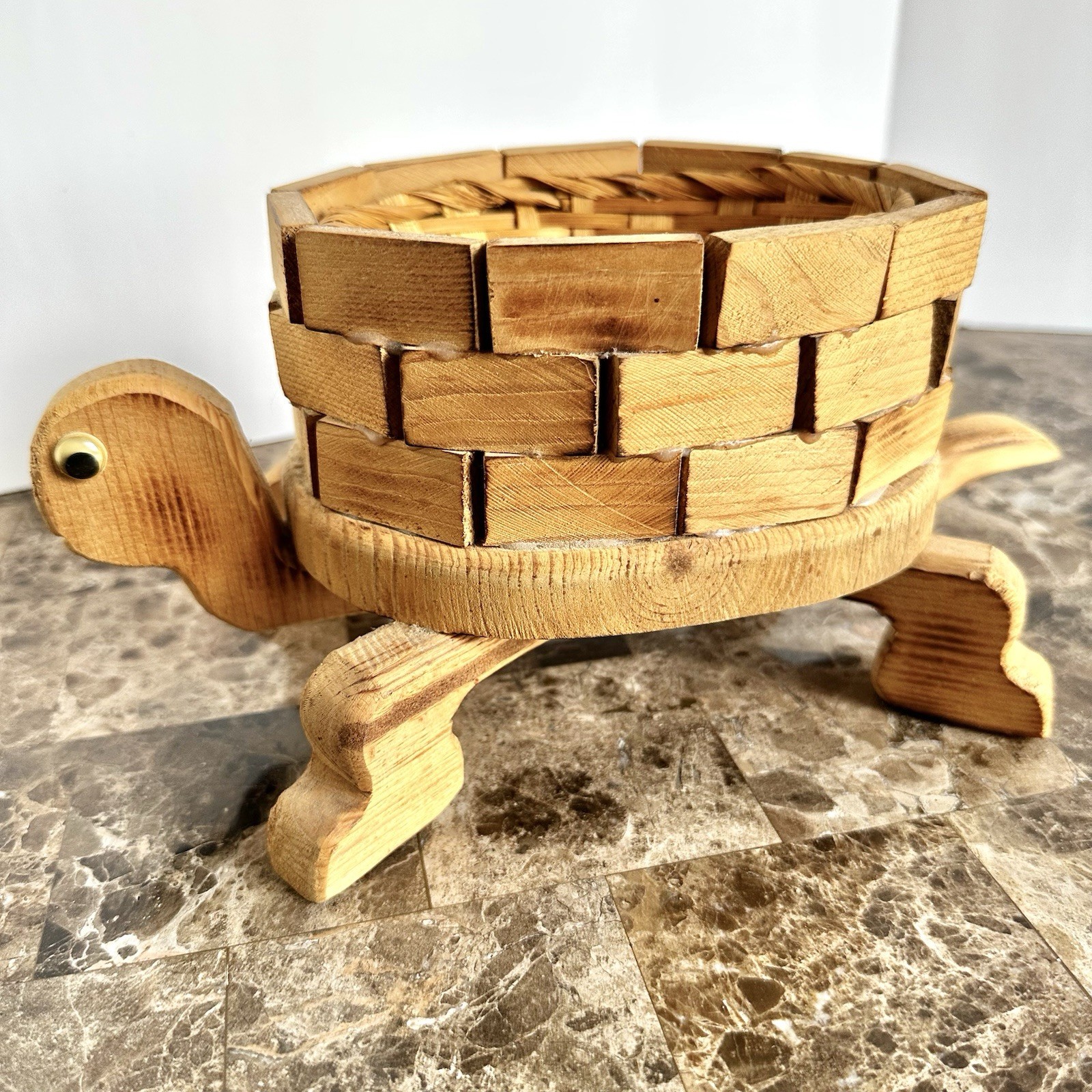 Wooden Turtle Basket with Woven Wicker Insert Boho Folk Art Style Decor