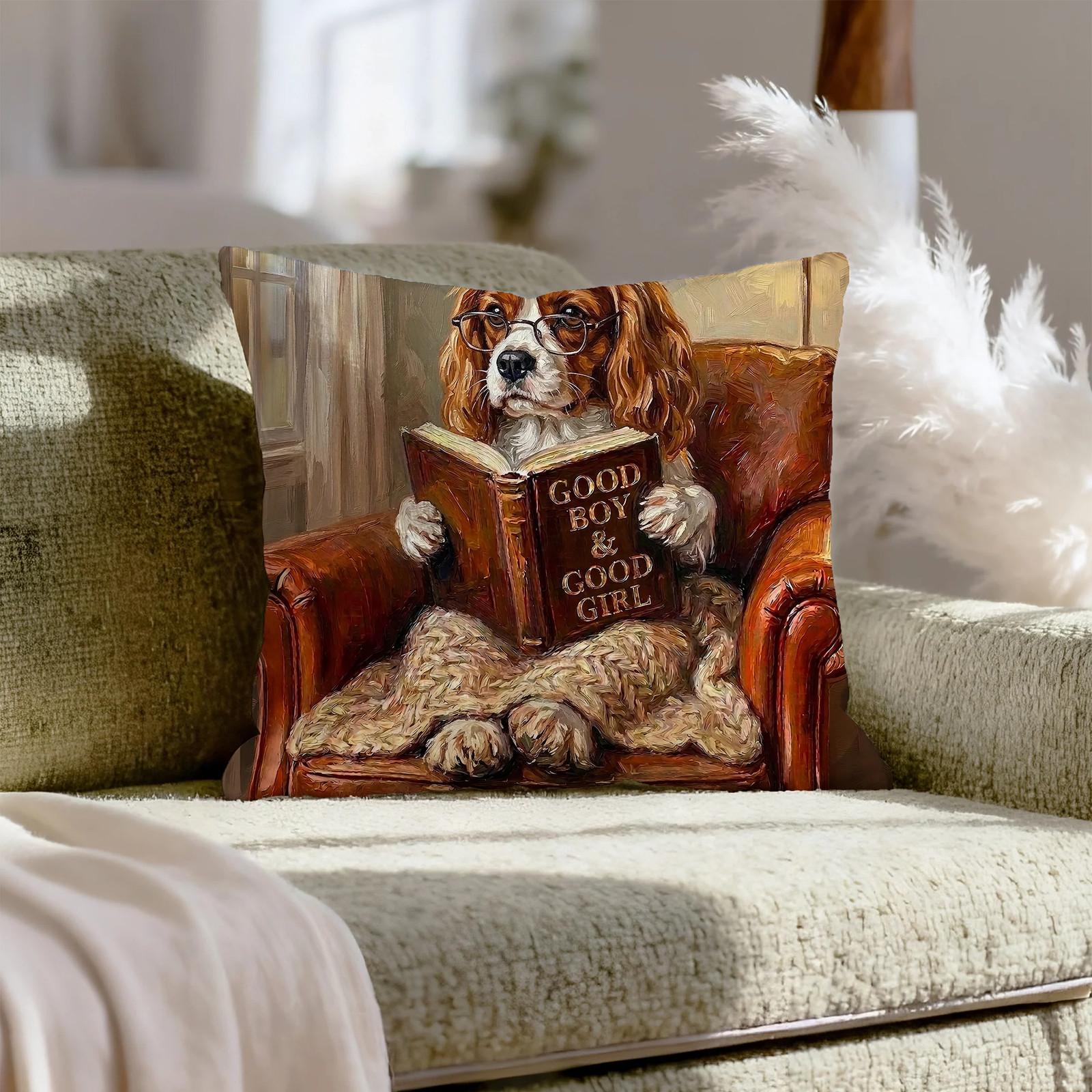 "Evening Read" - Cavalier King Charles Pillow Cover - Dog Lover Home Decor