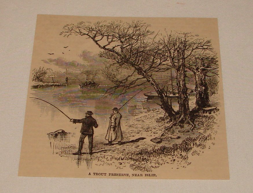 1884 magazine engraving ~ TROUT PRESERVE NEAR ISLIP Fly Fishing