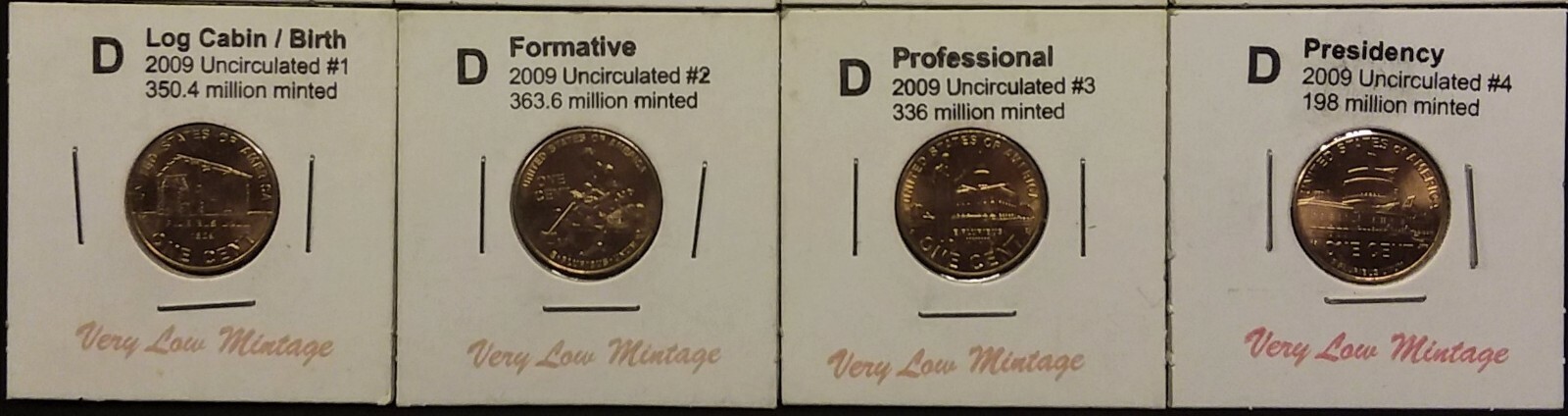 Complete 4 Piece Set Lincoln 2009 Cent Penny D Mint, Uncirculated Limited !!
