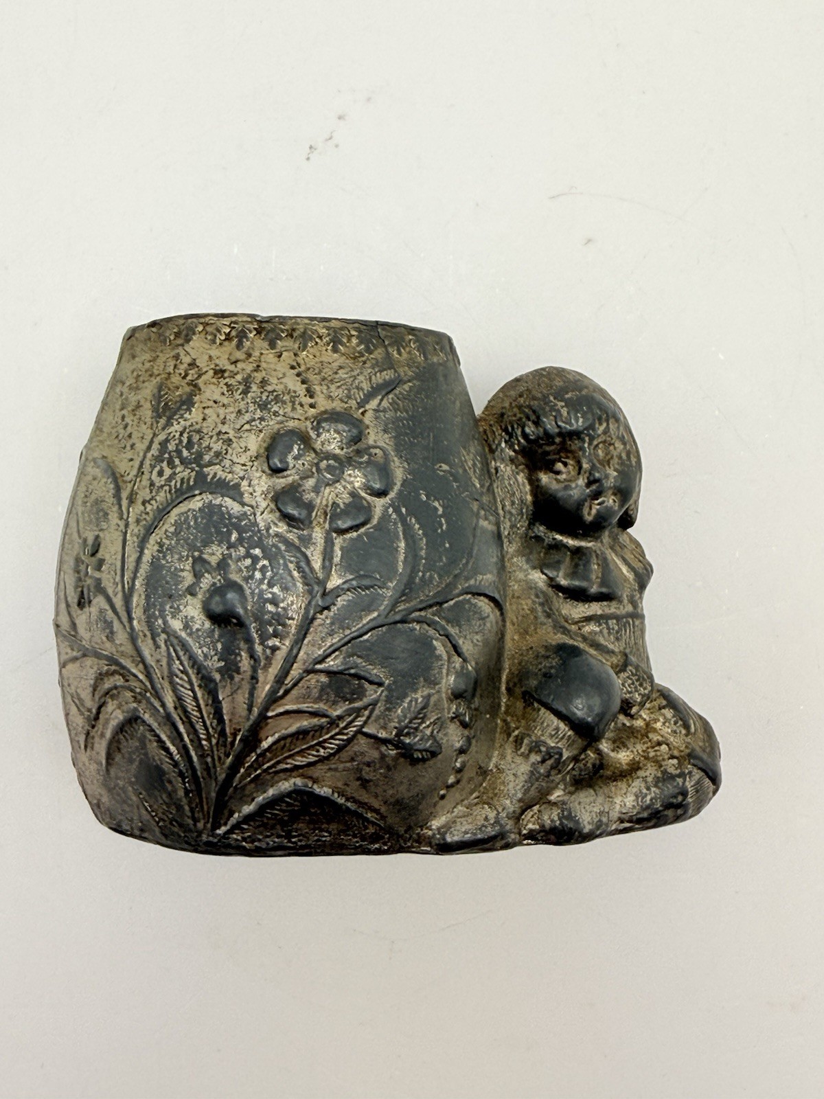 Antique Metal Figural Child Planter Pot Art Nouveau Style Floral Relief