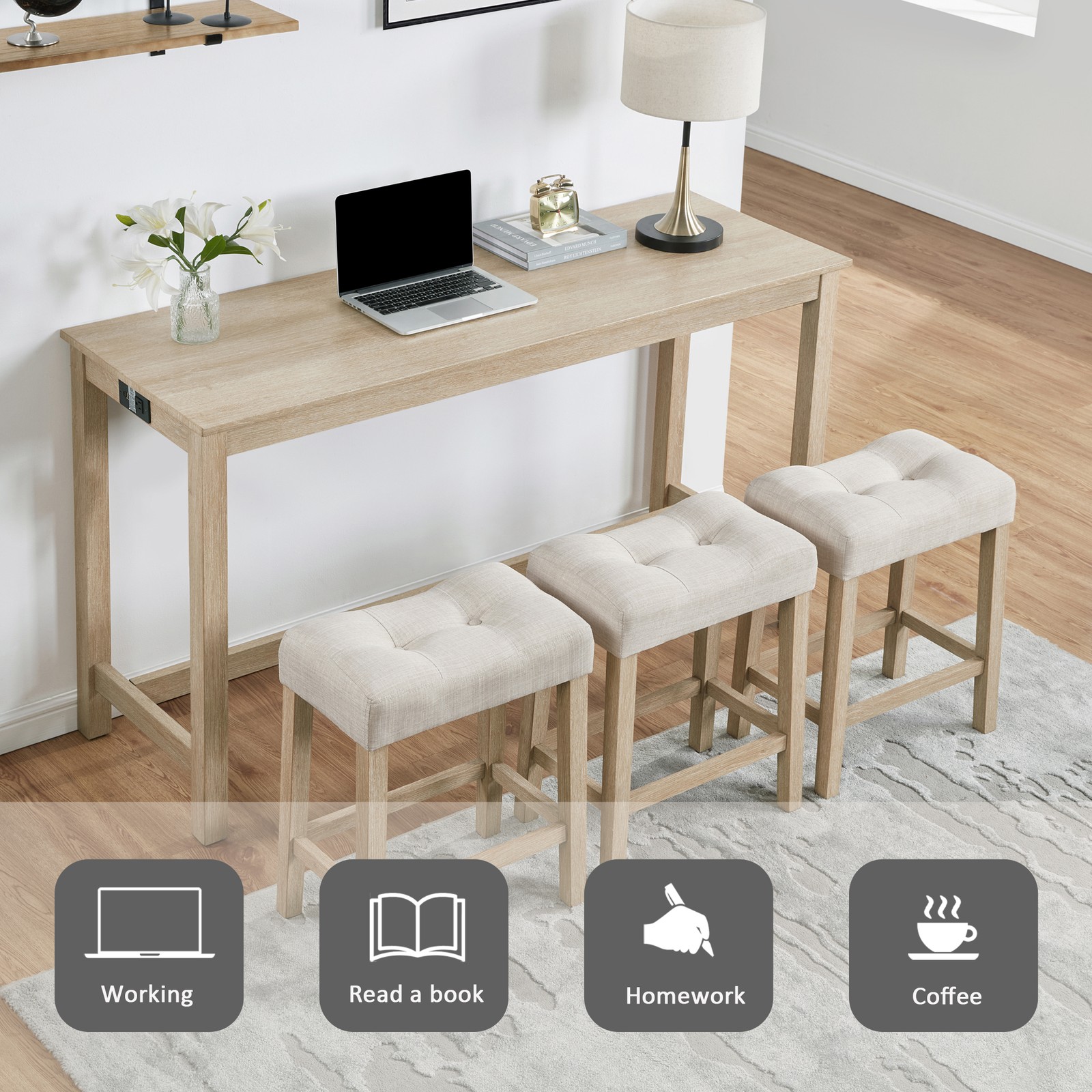 4 Piece Bar Table Set with Power Outlet,Bar Table Set with Chairs,Sofa Bar Table
