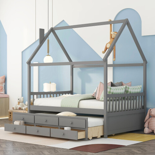 Solid Wood Captain’s Bed Full Size House Bed Frames w/ Trundle & Storage Drawers