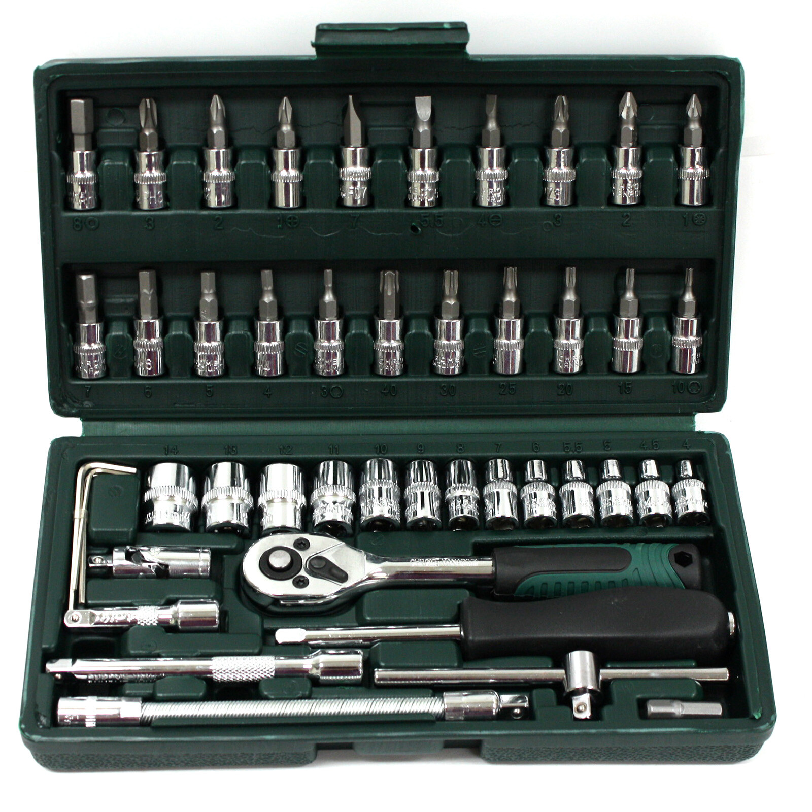 46 pc 1/4" Drive Socket Set Ratchet Wrench Star Hex Torx Bits Flex Bar