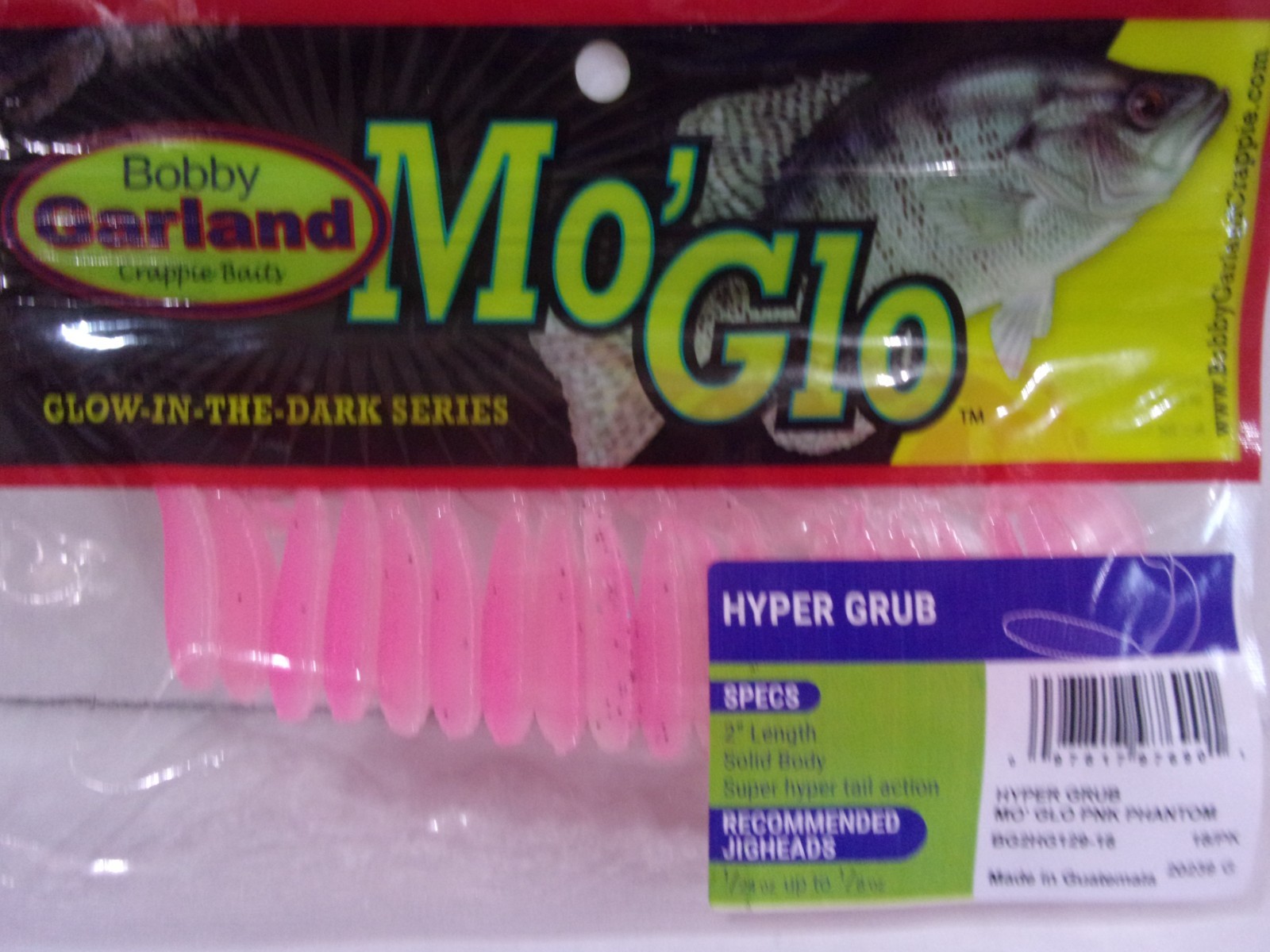 Bobby Garland Crappie Baits Hyper Grub Mo' Glo Pink Phantom color 2" length