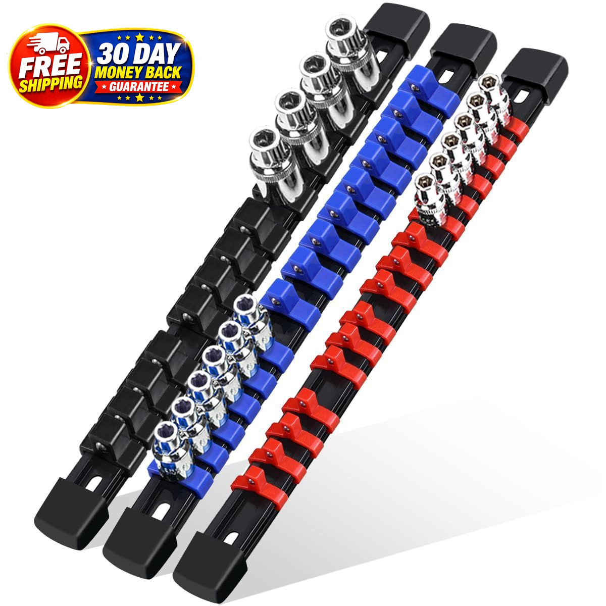 3-Piece Socket Organizer Rail Set, Heavy Duty 3 Pcs, Red, Blue, Black