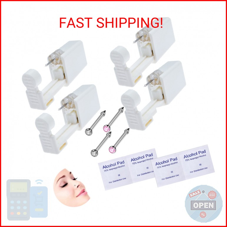 4-Pack Disposable Self Piercing Kit with Built-in Nose Studs, Very Safe Piercing
