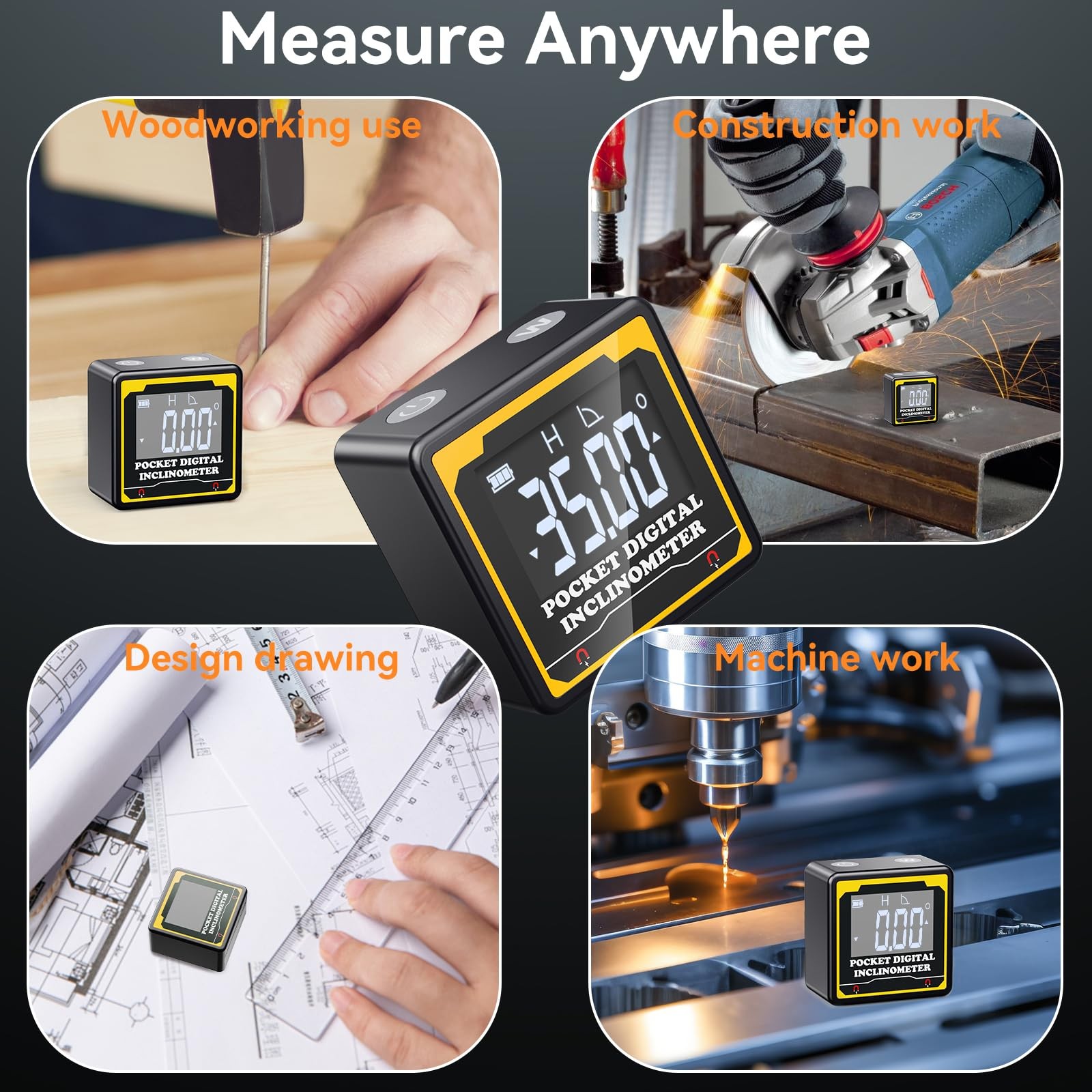 Preciva Magnetic Digital Angle Finder | 4-Sided High-Precision Black