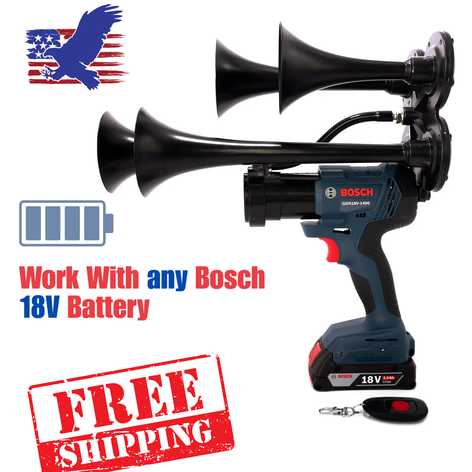 BOSCH 18V Impact Train Air Horn + Remote Control | Quad Trumpet Train Horn