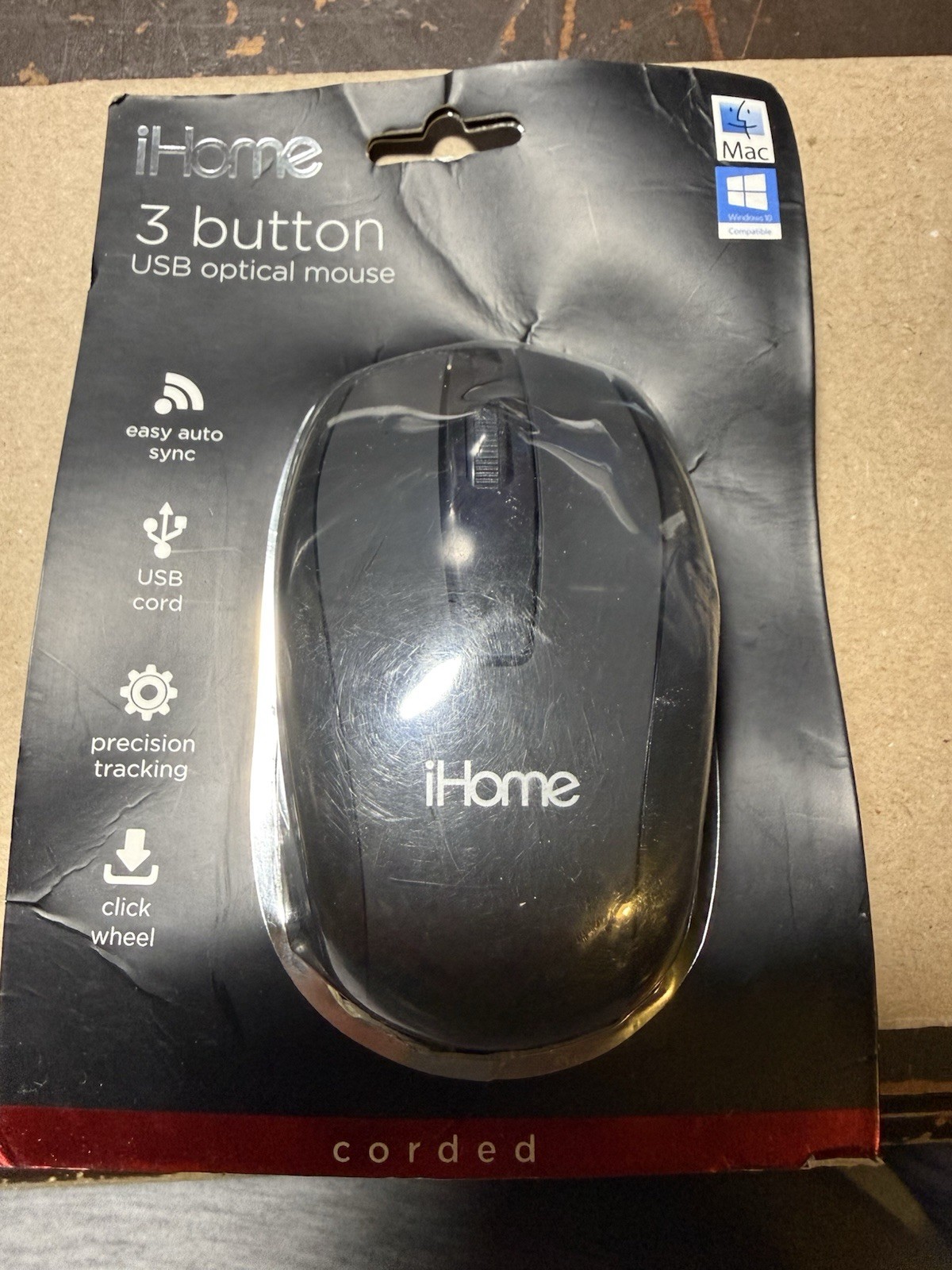 iHome IHM600B 3 Buttons Compact USB Corded Optical Mouse, Black