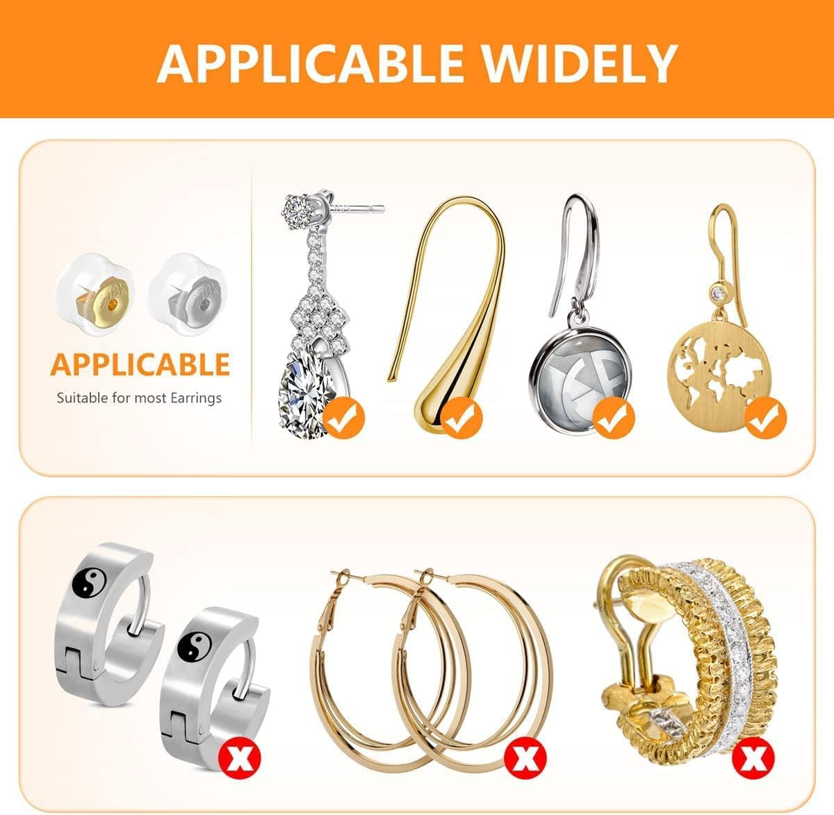 18K Gold Secure Earring Backs for Studs, 925 Silver Silicone Hypoallergenic Soft
