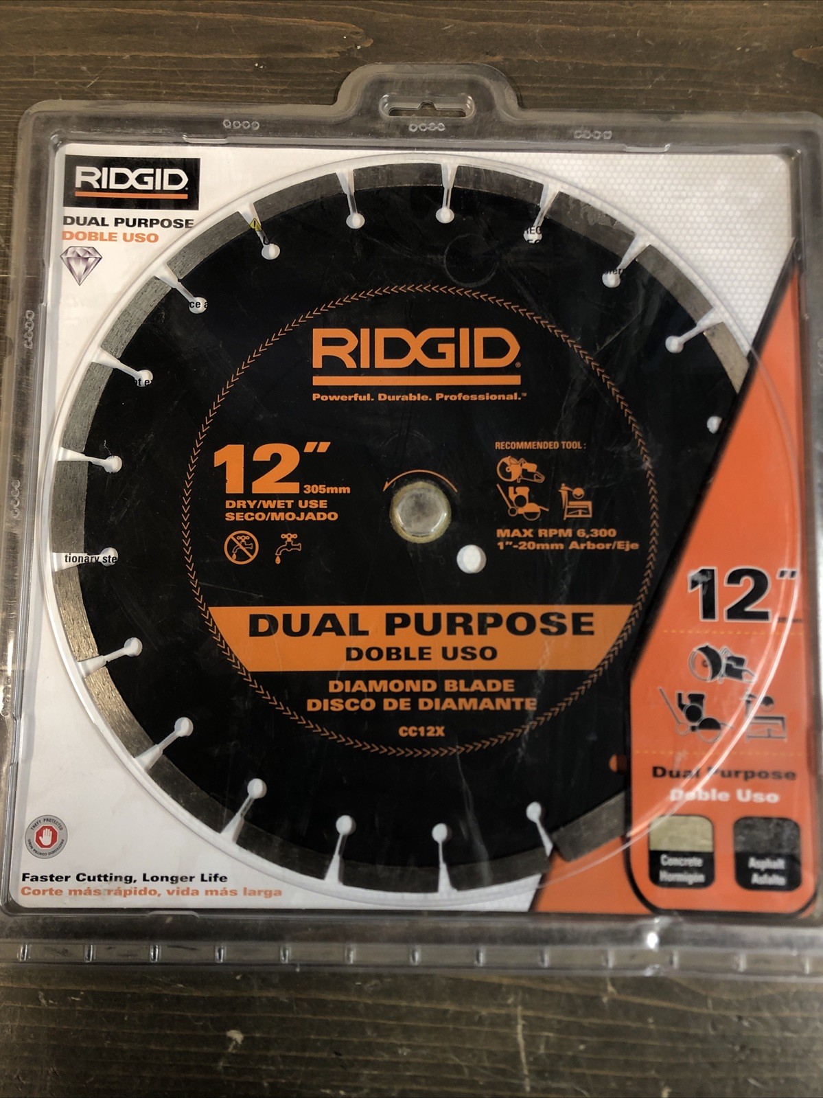 Ridgid 12" Dry/Wet Dual Purpose Diamond Blade 1"-20mm CC12X Concrete or Asphalt