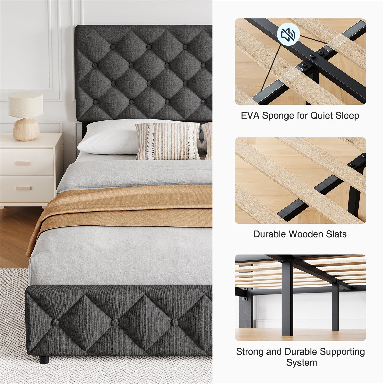 ✅Queen Size Bed Frame with 4 Storage Drawers and Headboard Upholstered Platform