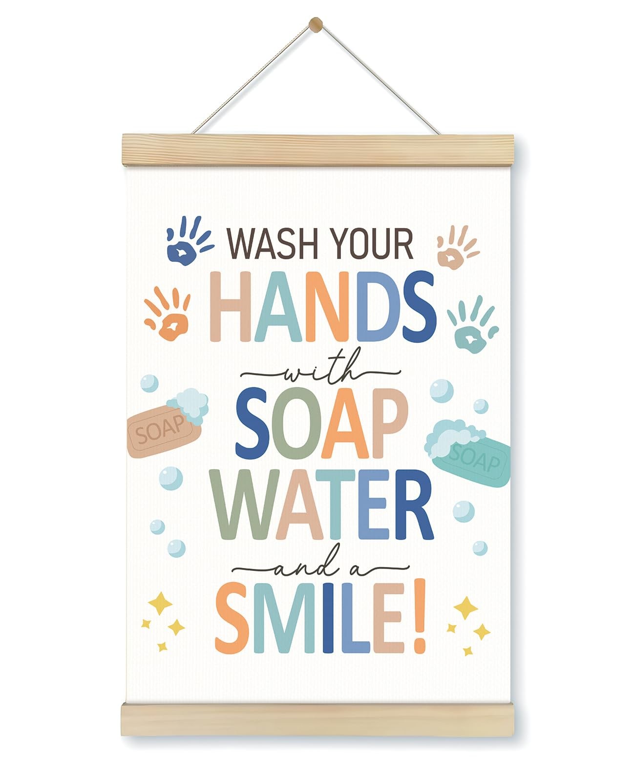 Kids Bathroom Wall Art With Wooden Poster Hanger Frame, Wash You Hands Room D...