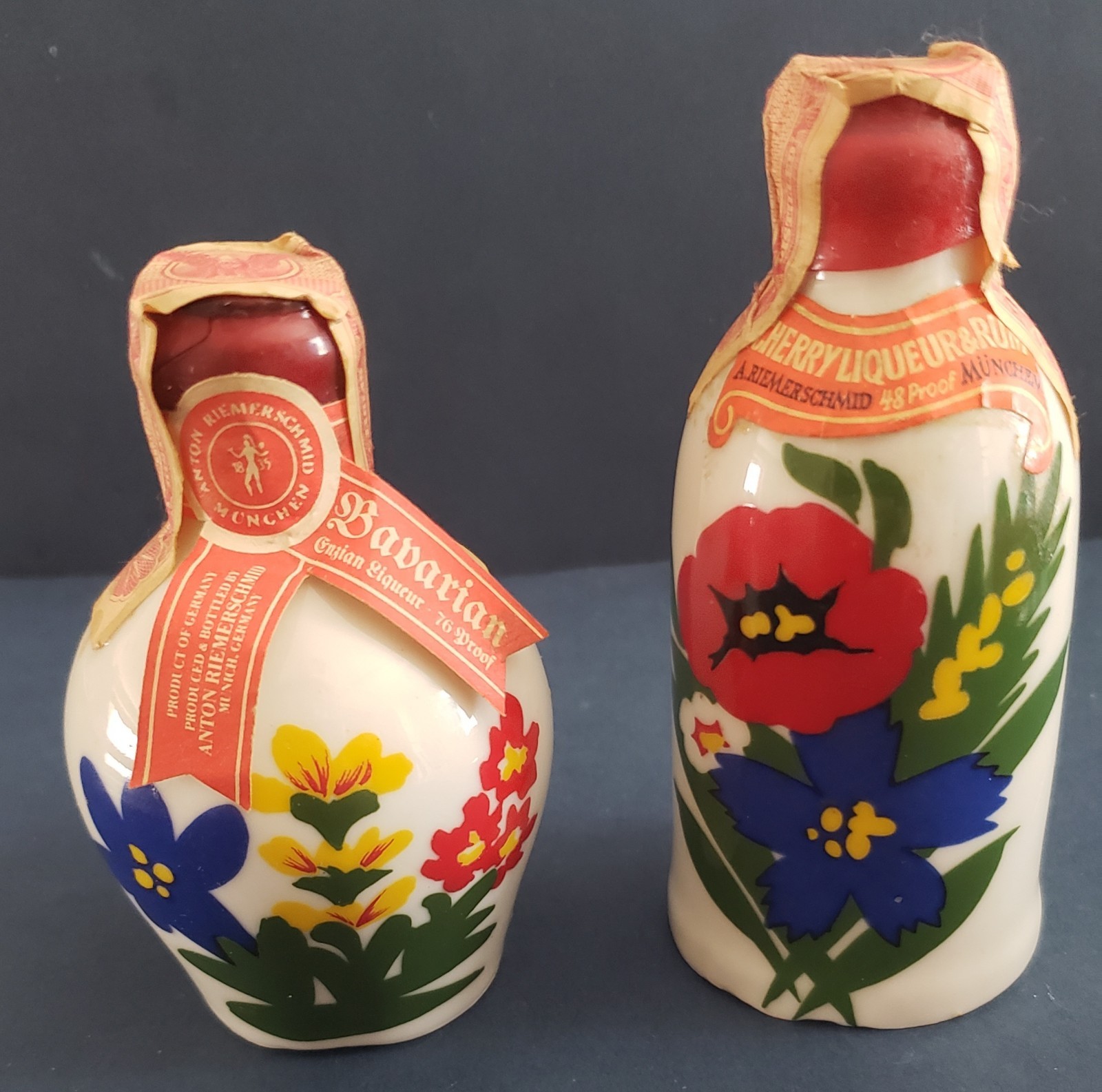 Pair Of Bintage Hand-Painted Mini-Bavarian Enzian Liqueur Bottles