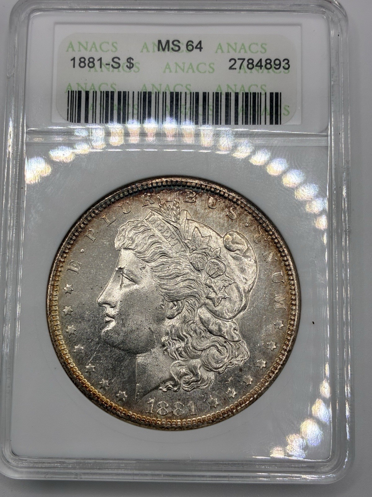 1881 S Morgan Silver Dollar ANACS MS-64 SoapBox Holder Vintage Rim Toner 1881-S