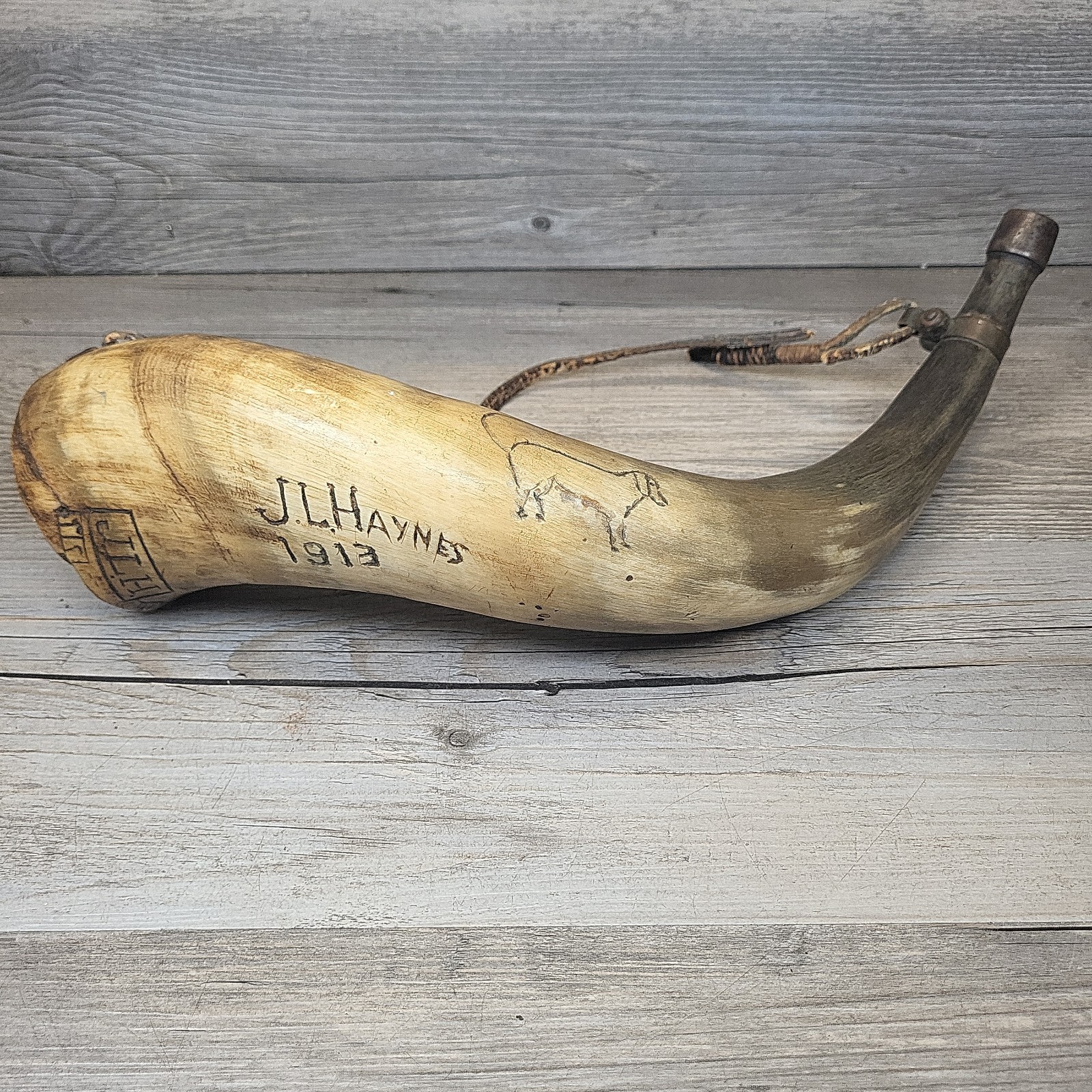 15 in 1913 Antique Vtg Powder Horn Bugle Blowing Calling JL Haynes Leather Stap