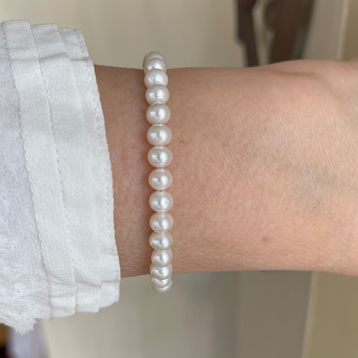 Freshwater Pearl Beaded Bracelet, 5.5mm Genuine Round, Modern Minimalist Jewelry