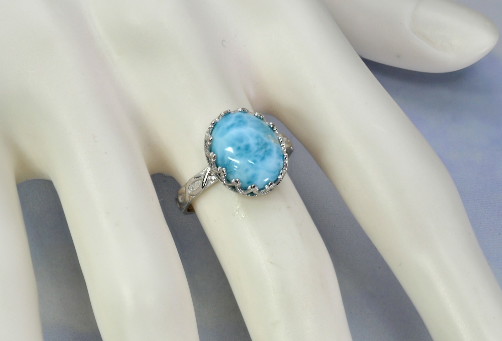Natural Larimar 10X12mm Oval Crown Ring .925 Sterling Silver  Size 7