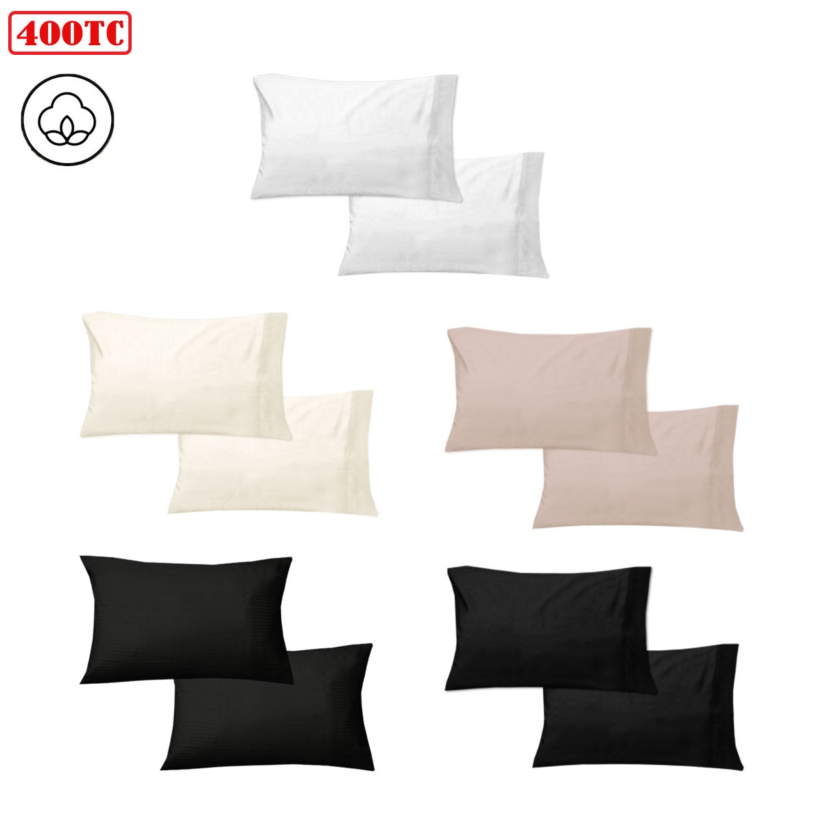 400TC Pair of Cotton Sateen No Flap Standard Pillowcases 48 x 74 cm