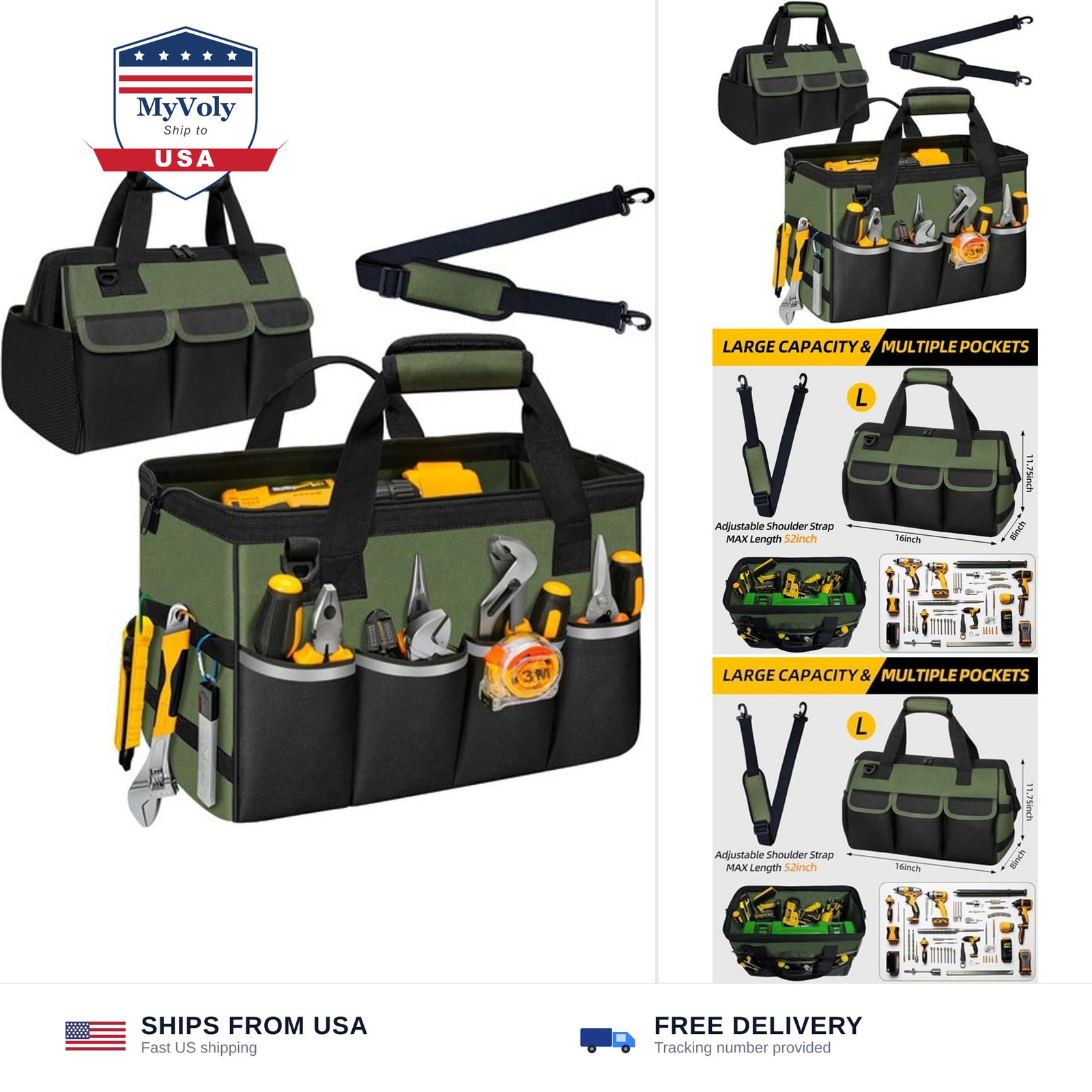 Portable Tool Bag Heavy Duty Tool Box Organizer with Shoulder Strap, Green | ...