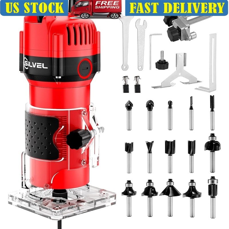 800W Electric Wood Router Compact Kit 15 Piece Router Bit Set High Precision New