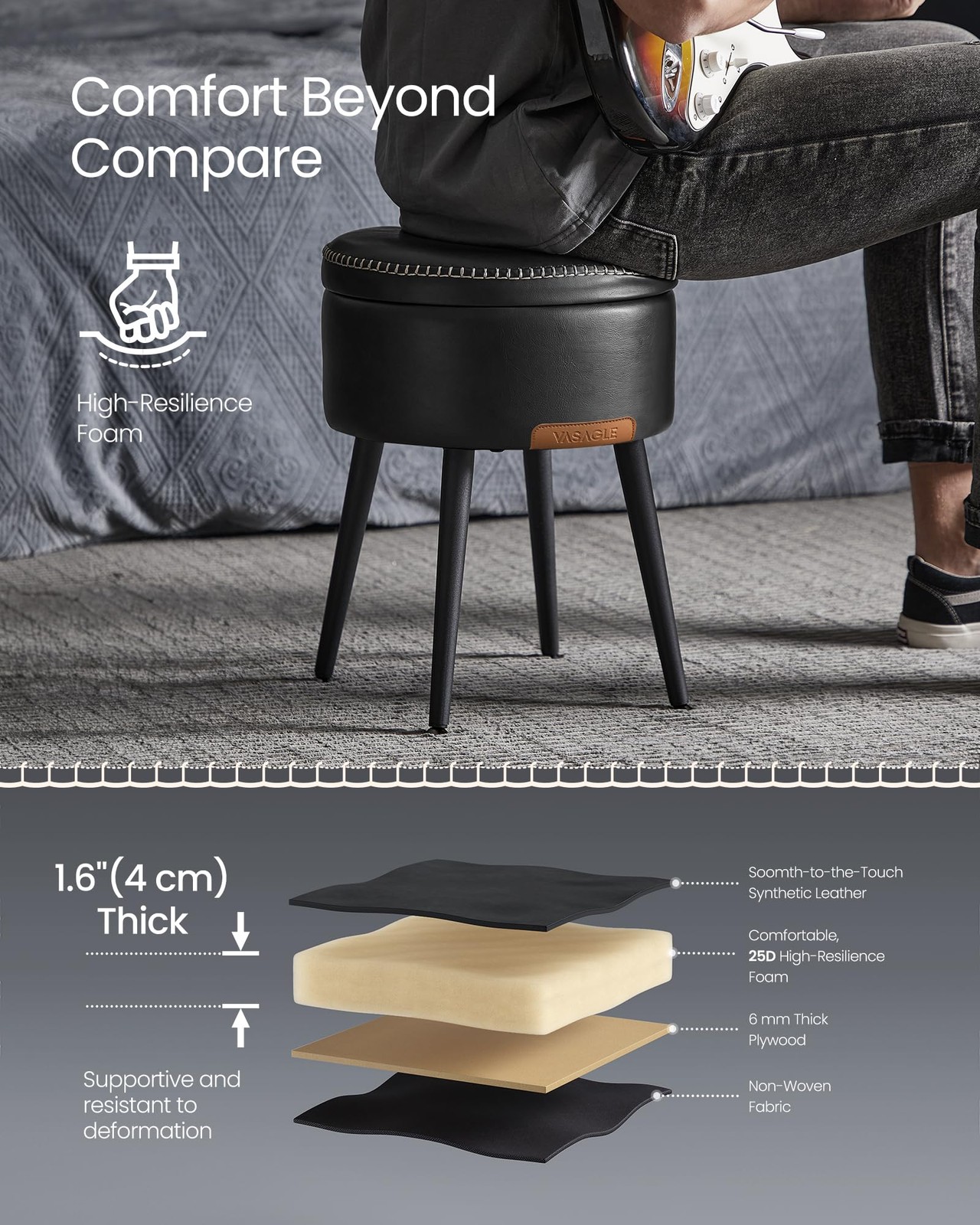 EKHO Collection - Storage Ottoman, Vanity Chair Stool, Synthetic Leather with...
