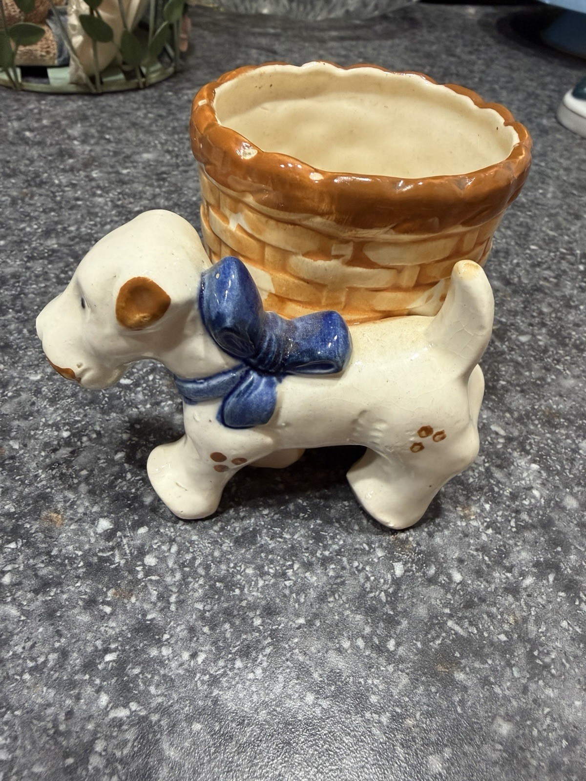 Hand Painted Ceramic Dog Planter Small Glazed Beige Brown Blue 1940s Original