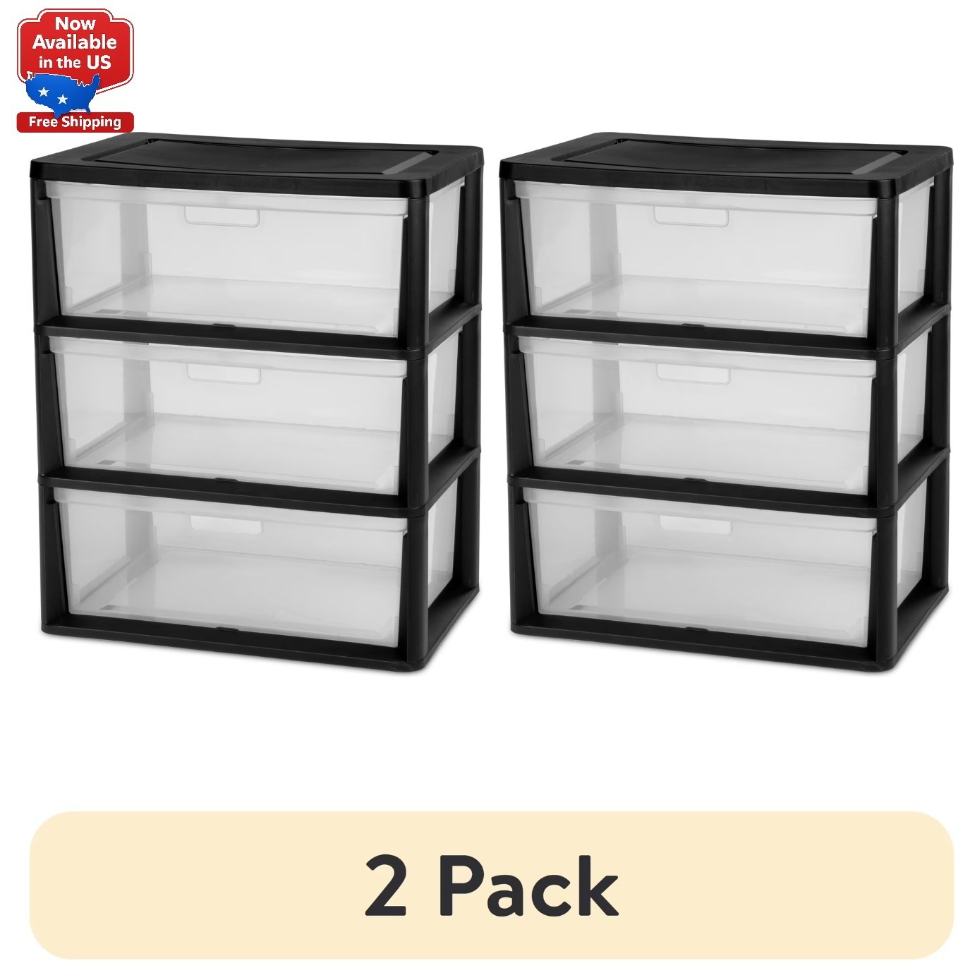 (2 pack) Sterilite Wide 3 Drawer Tower, Plastic Storage Organizer , Black