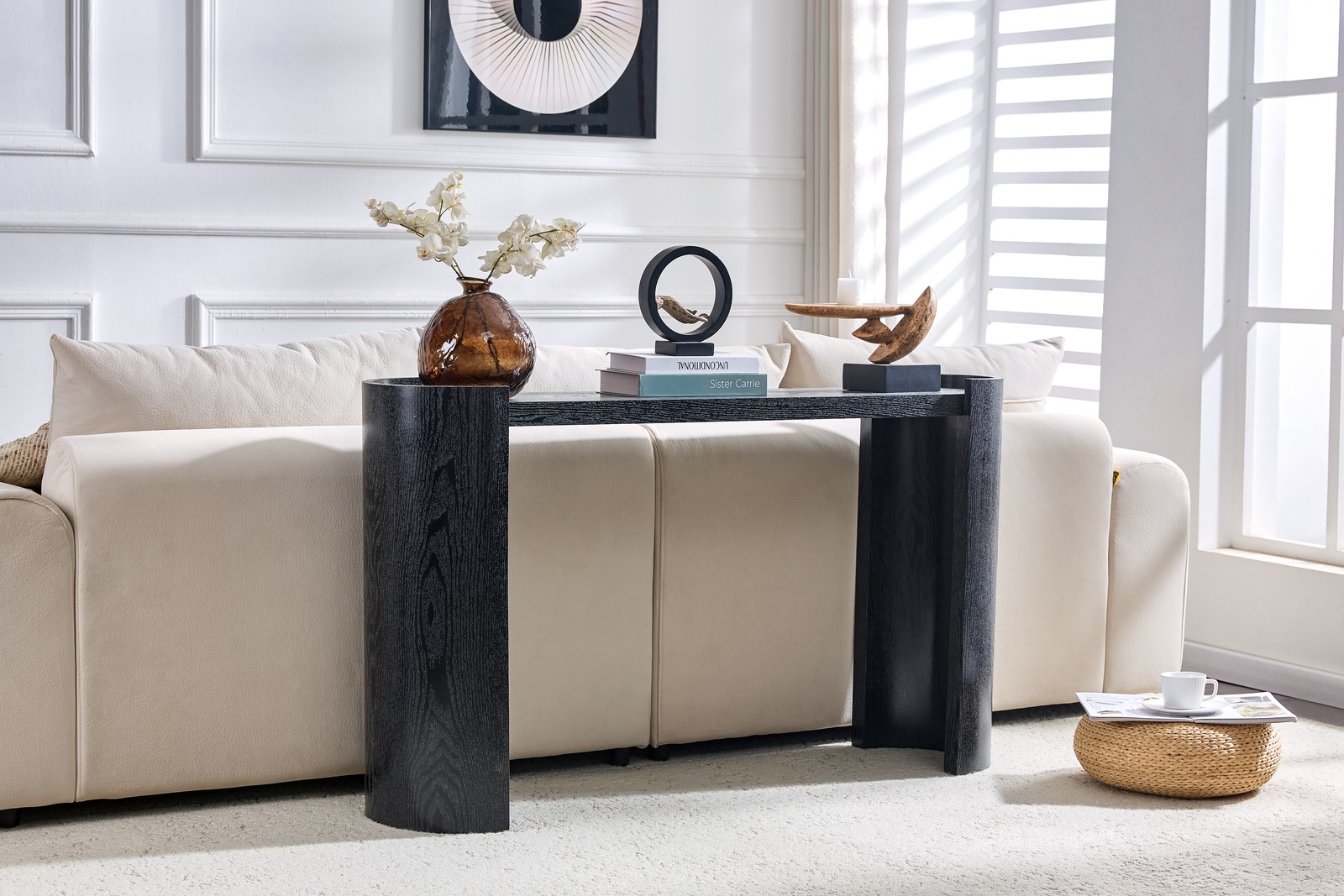 Black curved foyer table - Black wood grain minimalist entrance small space liv