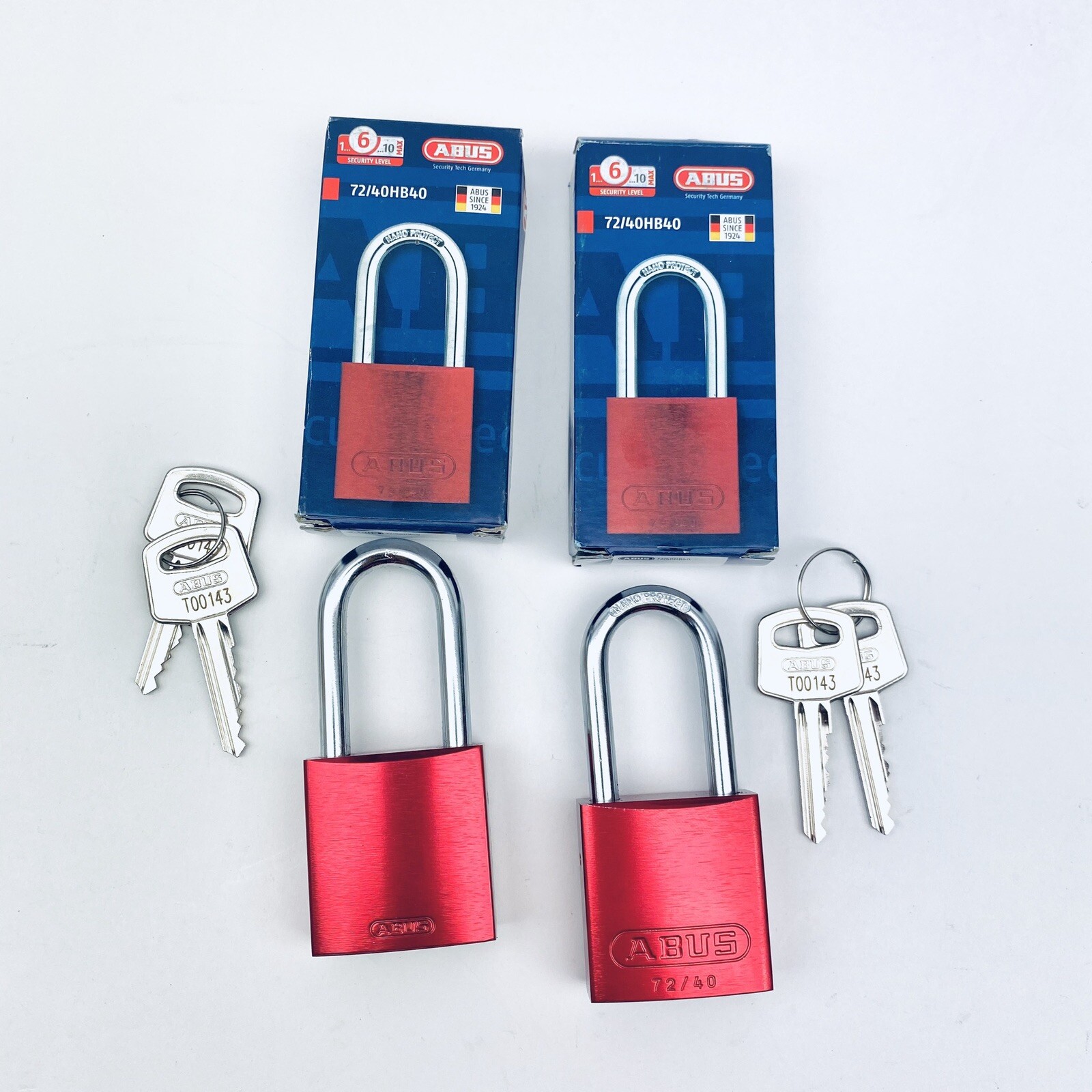 LOT OF 2 ABUS 72/40HB40 LOCKOUT PADLOCK ALUMINUM, RED  1-1/2" H